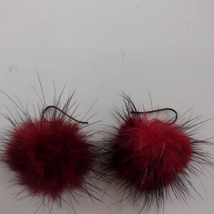 Mink Fur Elegant Red Pom-Pom Earrings